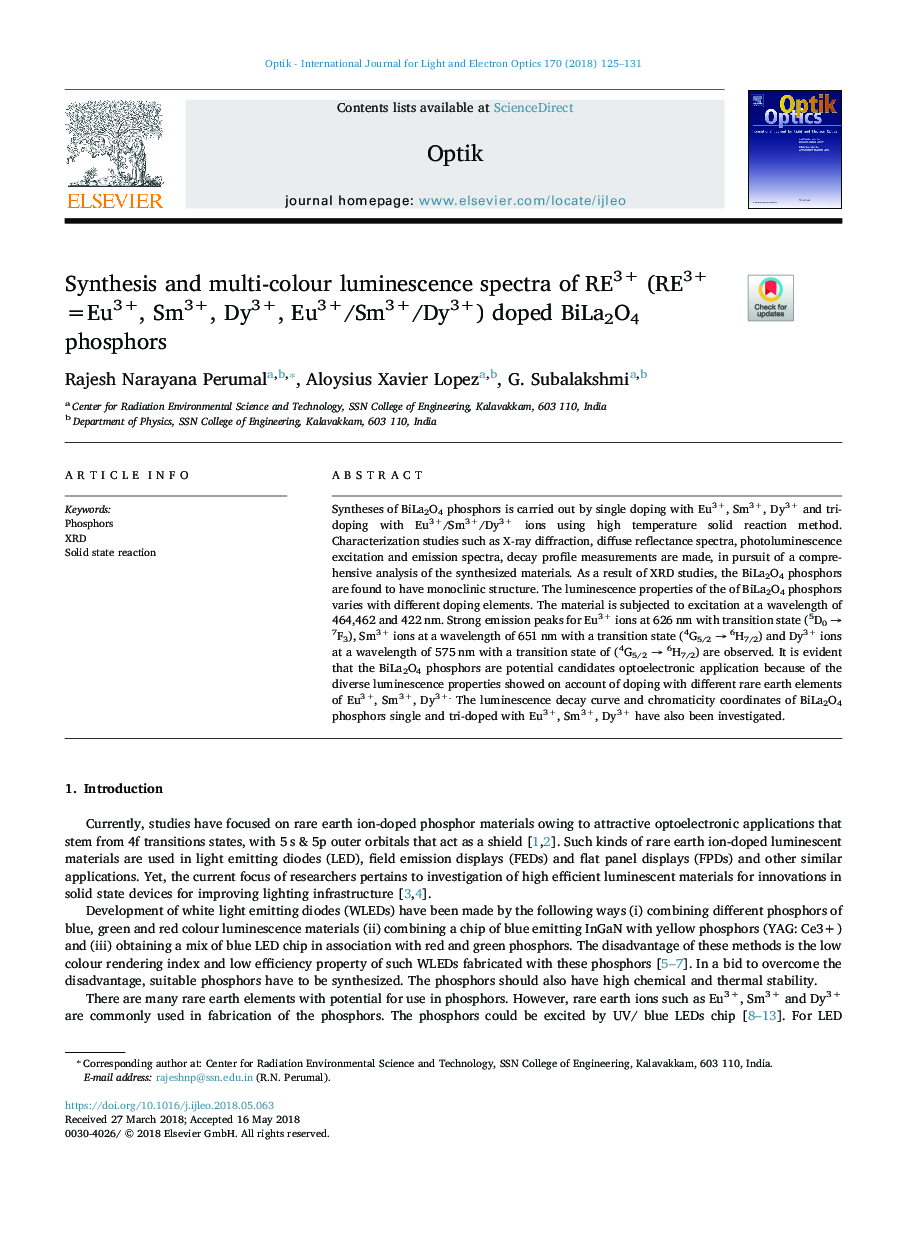 عکس صفحه اول مقاله: Synthesis and multi-colour luminescence spectra of RE3+ (RE3+ =Eu3+, Sm3+, Dy3+, Eu3+/Sm3+/Dy3+) doped BiLa2O4 phosphors Synthesis and multi-colour luminescence spectra of RE3+ (RE3+ =Eu3+, Sm3+, Dy3+, Eu3+/Sm3+/Dy3+) doped BiLa2O4 phosphors