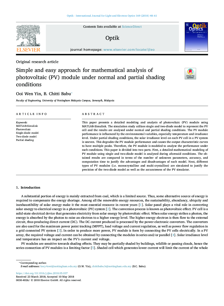 Simple and easy approach for mathematical analysis of photovoltaic (PV) module under normal and partial shading conditions