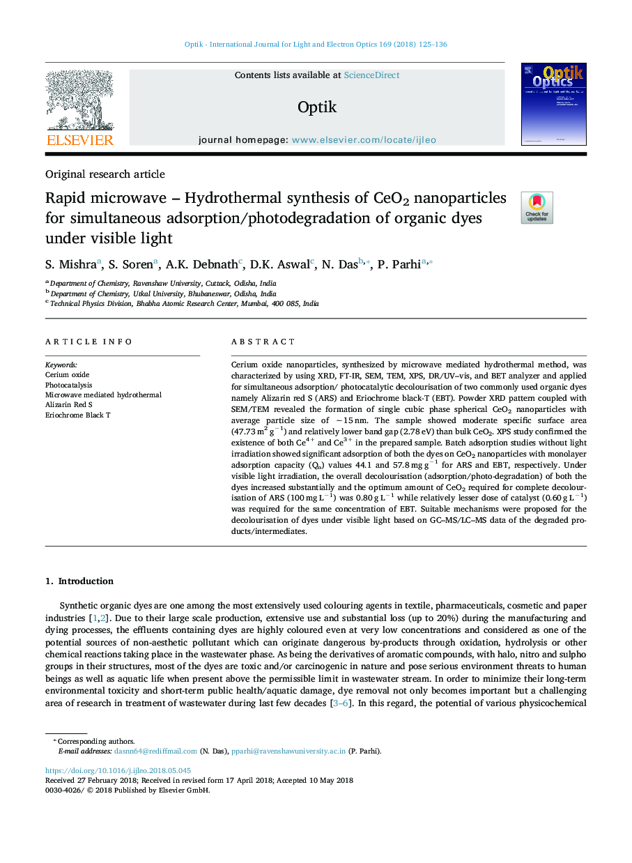 Rapid microwave - Hydrothermal synthesis of CeO2 nanoparticles for simultaneous adsorption/photodegradation of organic dyes under visible light