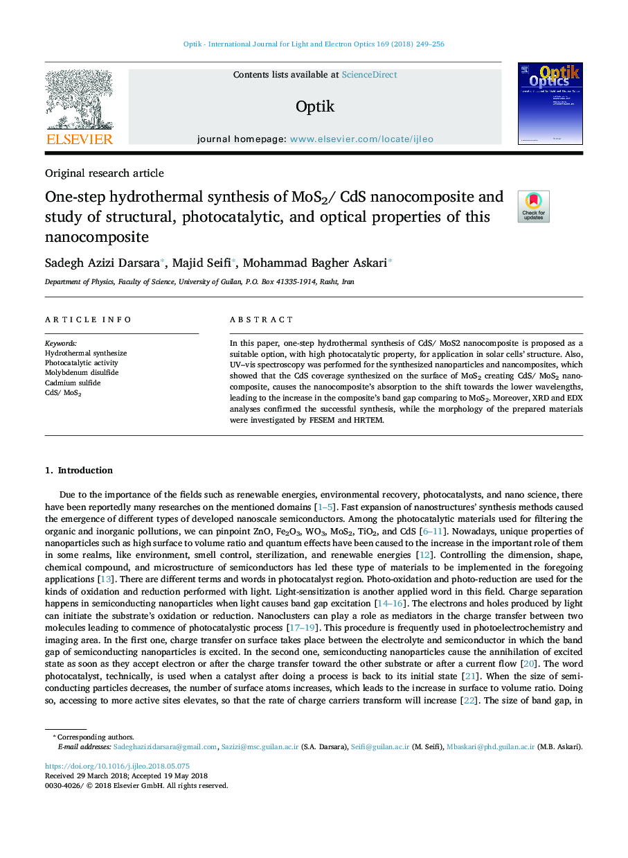 One-step hydrothermal synthesis of MoS2/ CdS nanocomposite and study of structural, photocatalytic, and optical properties of this nanocomposite