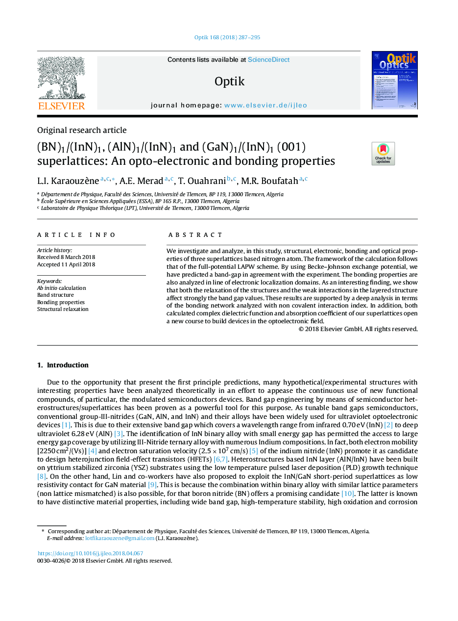 (BN)1/(InN)1, (AlN)1/(InN)1 and (GaN)1/(InN)1 (001) superlattices: An opto-electronic and bonding properties