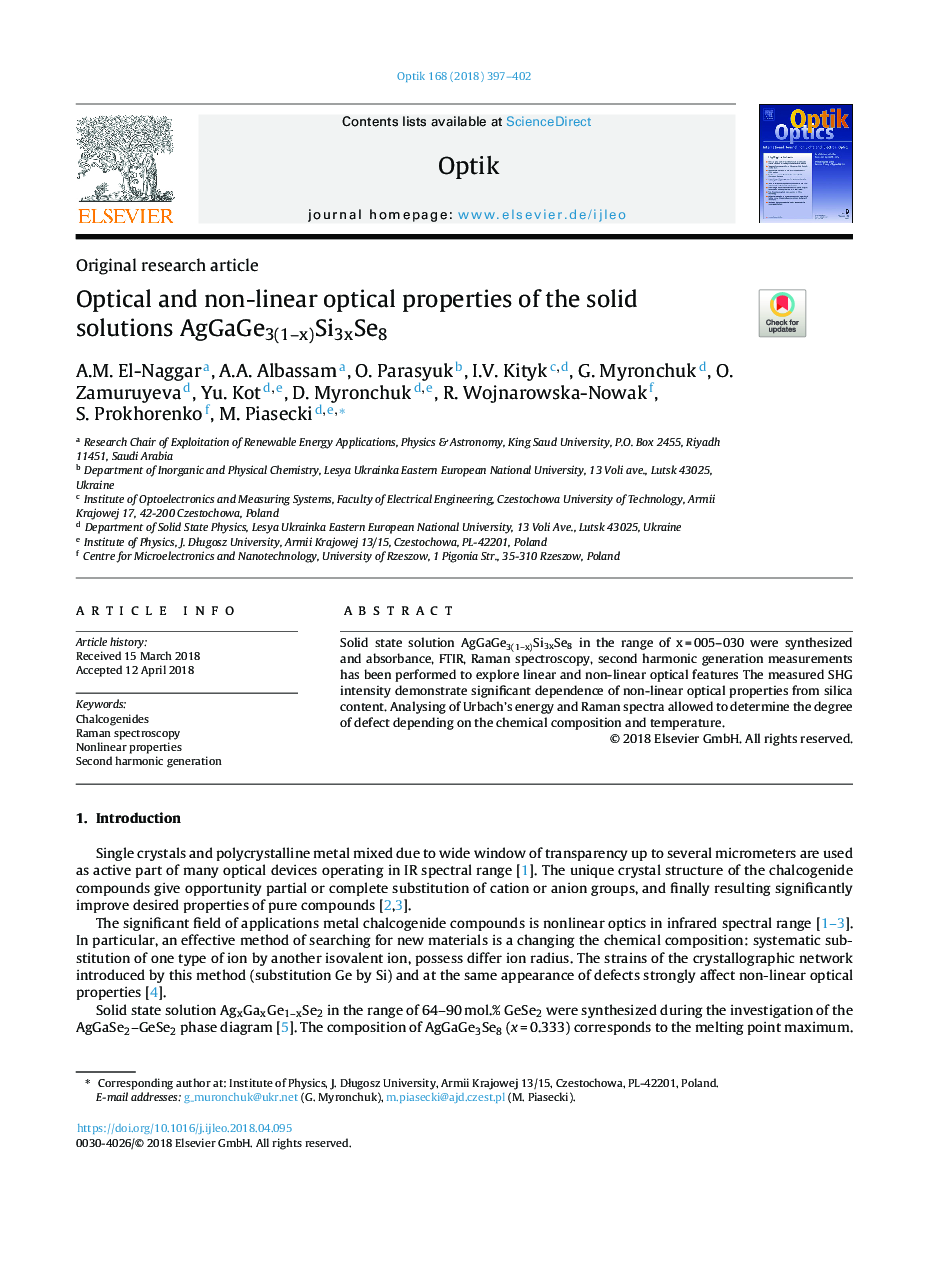 Optical and non-linear optical properties of the solid solutions AgGaGe3(1-x)Si3xSe8