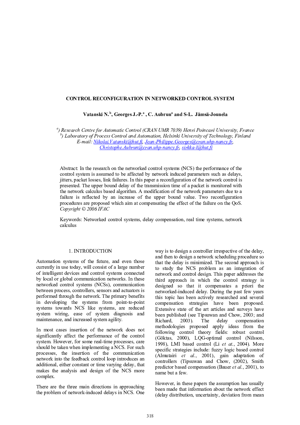 CONTROL RECONFIGURATION IN NETWORKED CONTROL SYSTEM