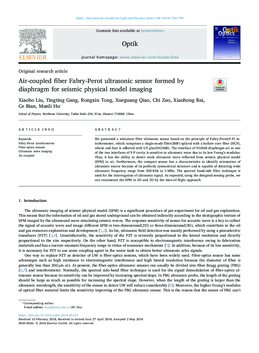 Air-coupled fiber Fabry-Perot ultrasonic sensor formed by diaphragm for seismic physical model imaging