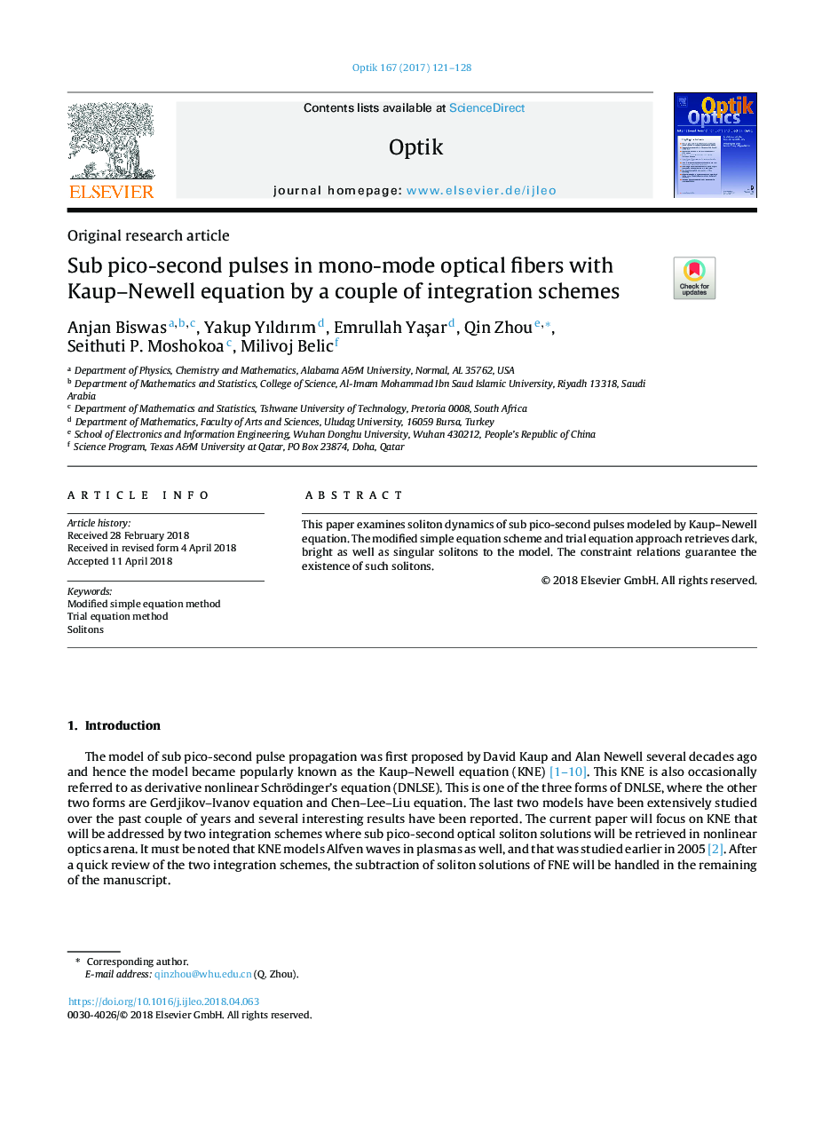 Sub pico-second pulses in mono-mode optical fibers with Kaup-Newell equation by a couple of integration schemes