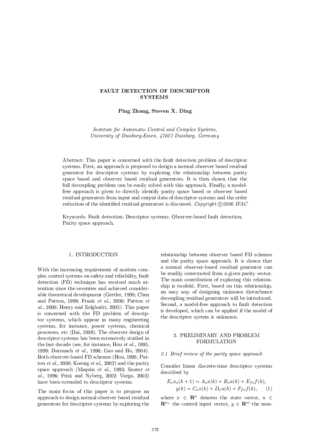 FAULT DETECTION OF DESCRIPTOR SYSTEMS