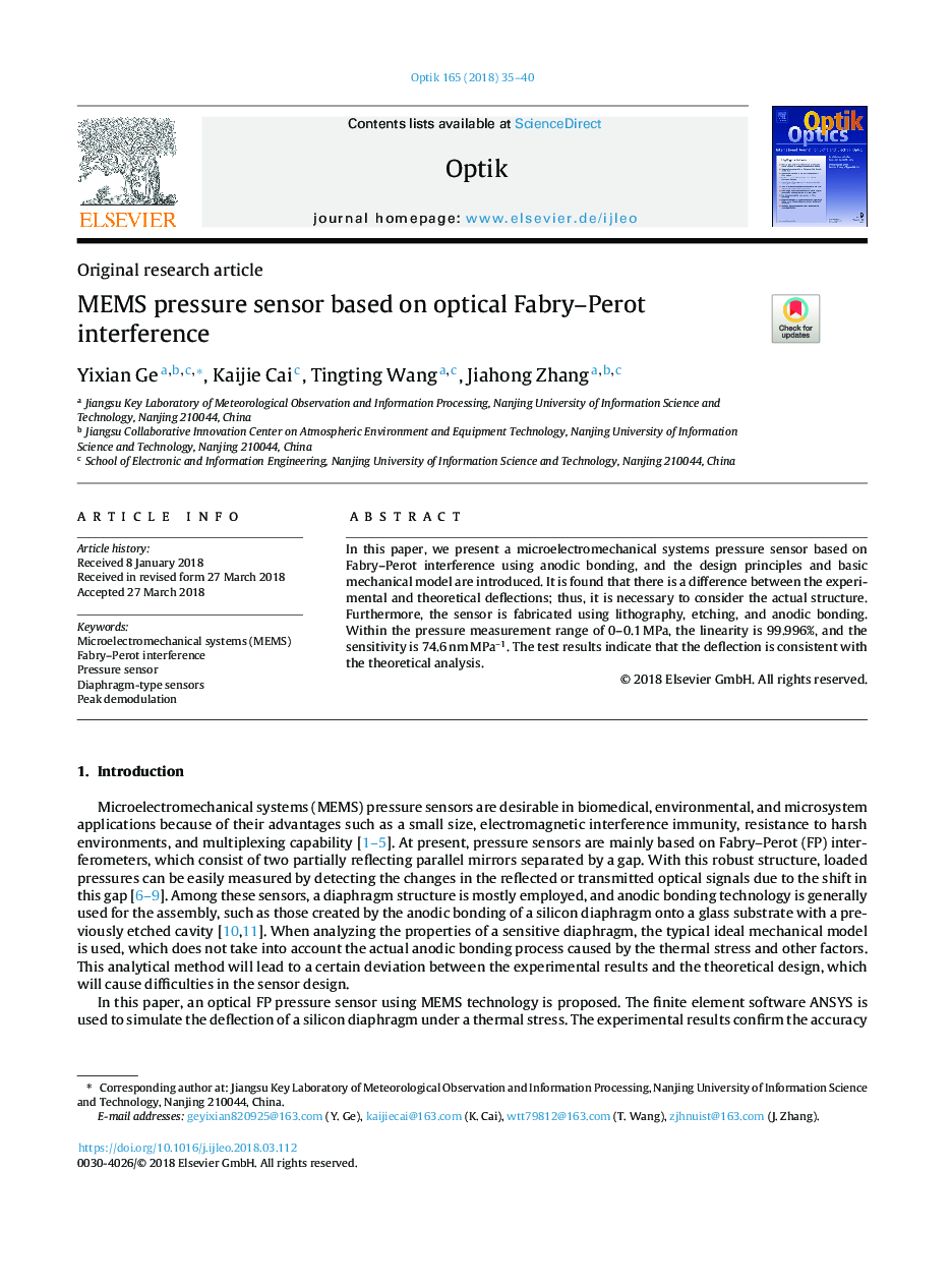 MEMS pressure sensor based on optical Fabry-Perot interference