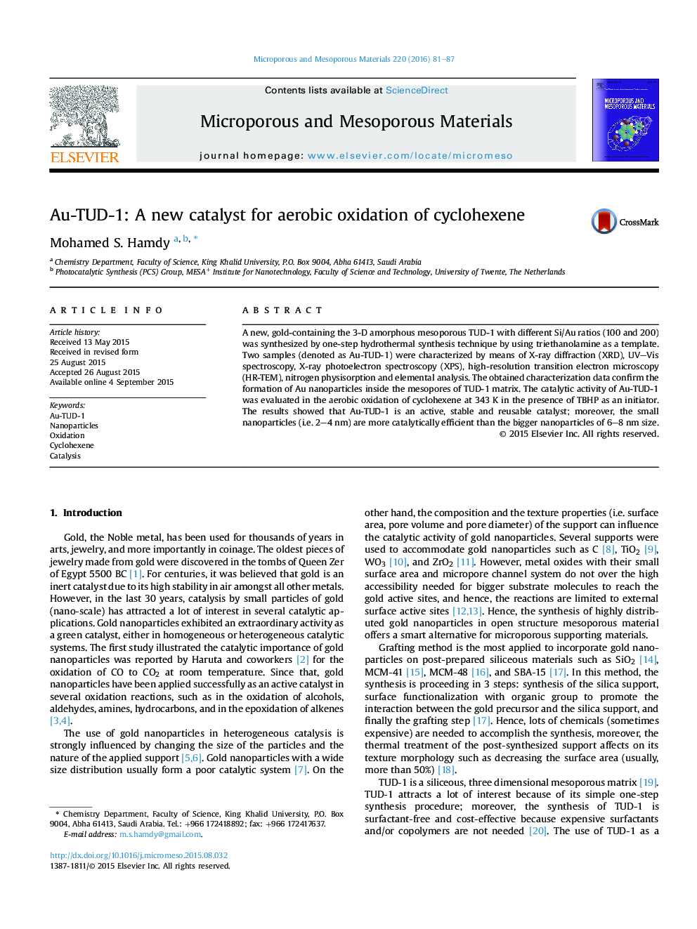 Au-TUD-1: A new catalyst for aerobic oxidation of cyclohexene