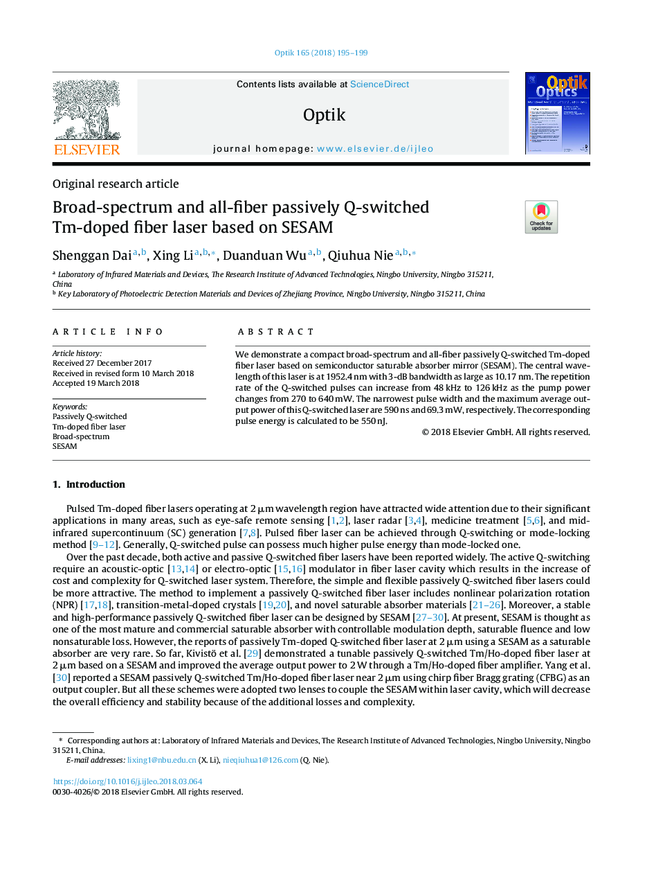 Broad-spectrum and all-fiber passively Q-switched Tm-doped fiber laser based on SESAM