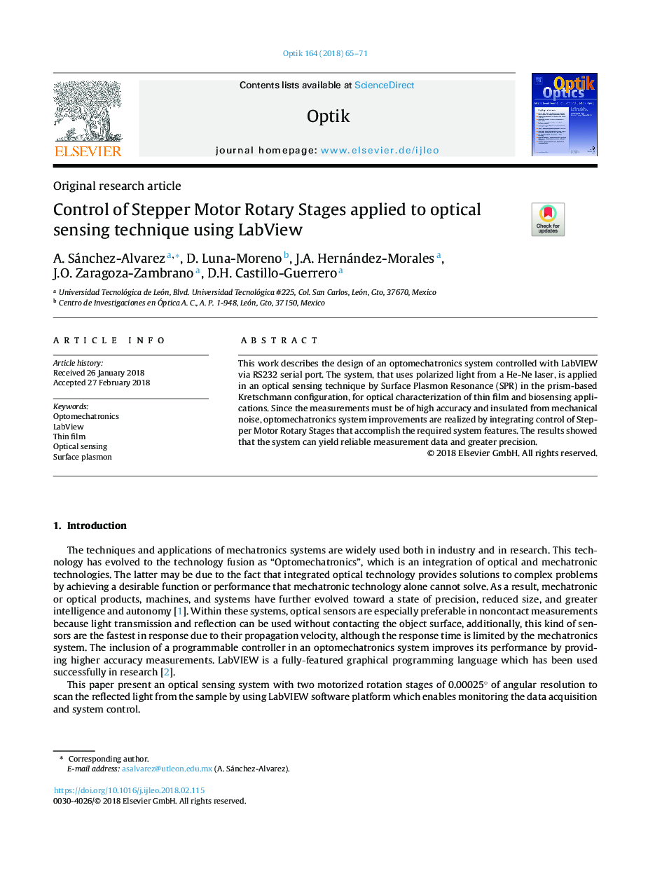 Control of Stepper Motor Rotary Stages applied to optical sensing technique using LabView