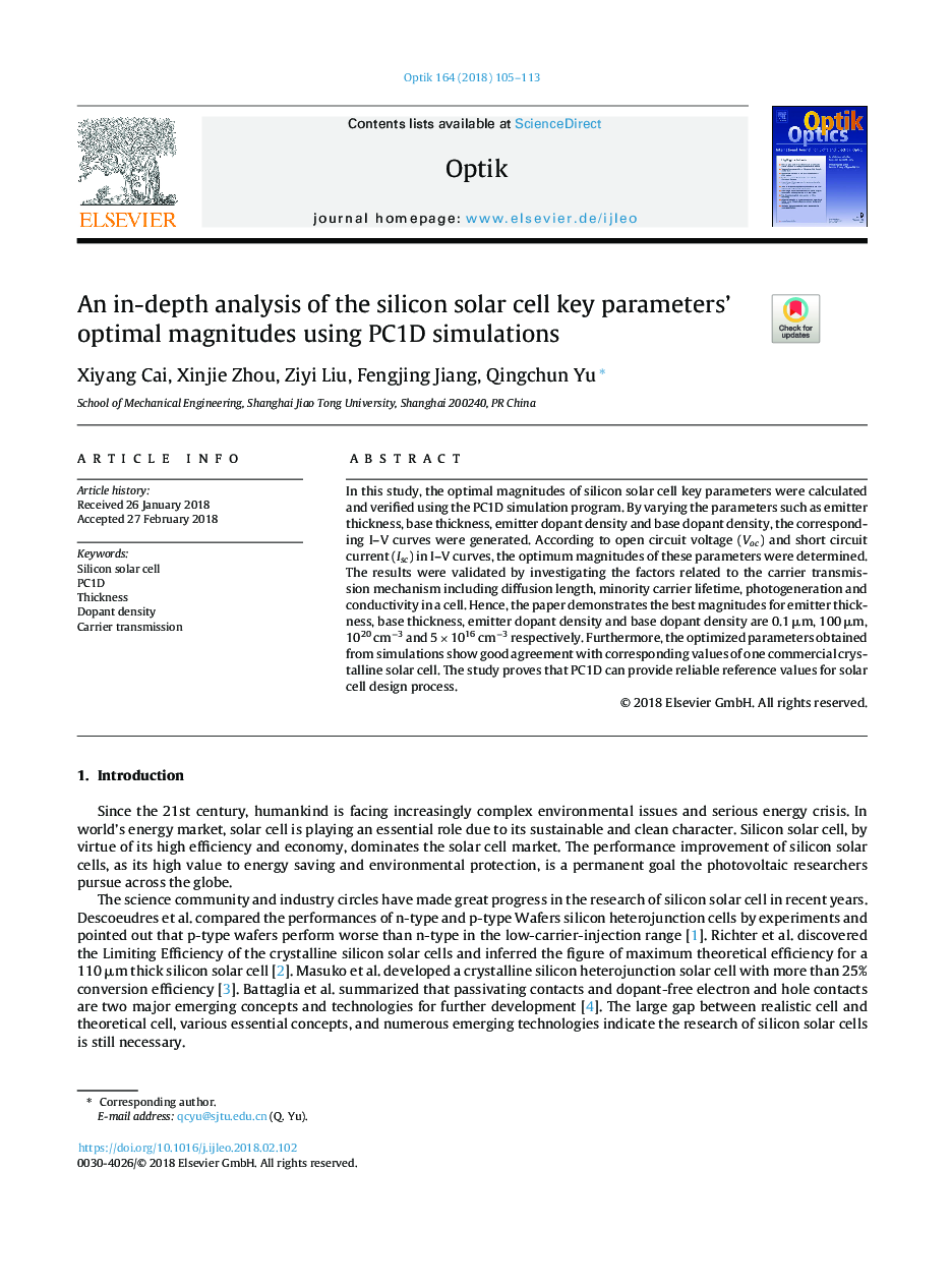 An in-depth analysis of the silicon solar cell key parameters' optimal magnitudes using PC1D simulations