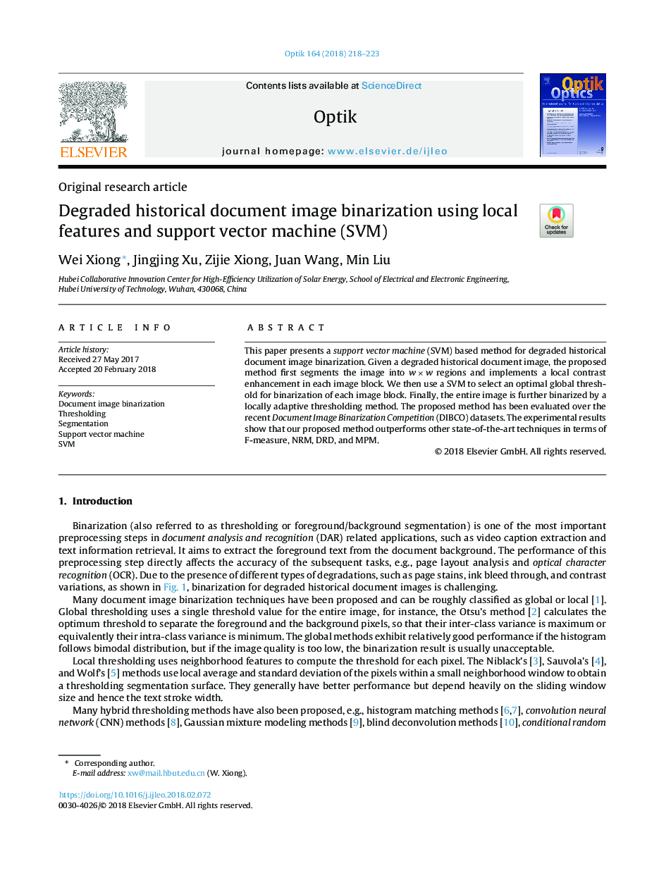 Degraded historical document image binarization using local features and support vector machine (SVM)