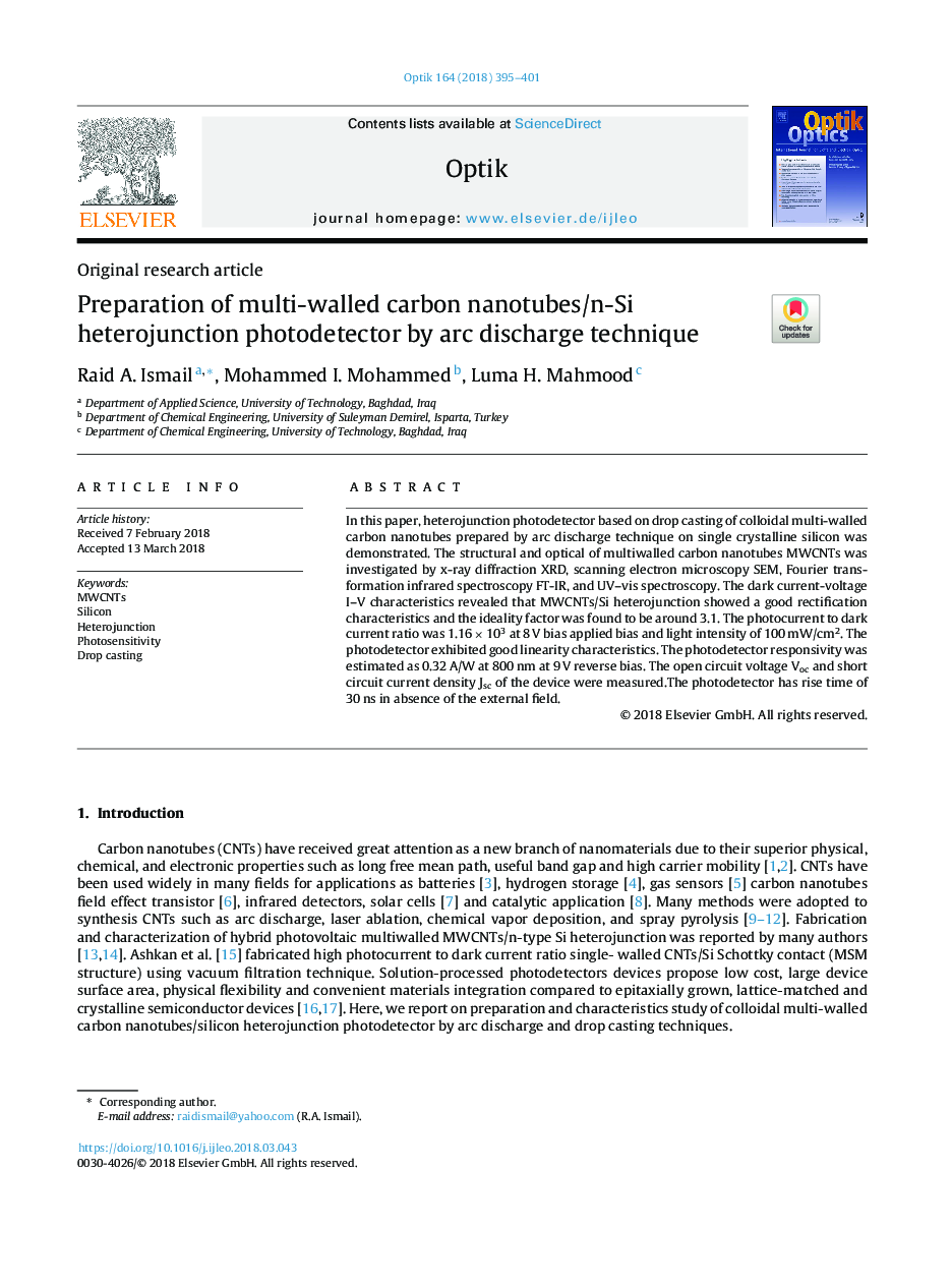 Preparation of multi-walled carbon nanotubes/n-Si heterojunction photodetector by arc discharge technique