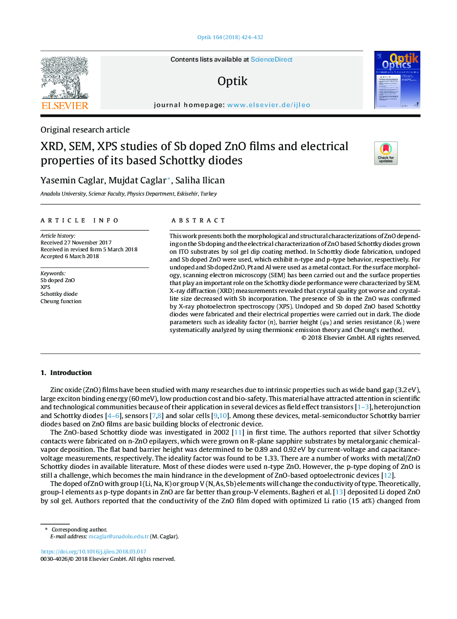 XRD, SEM, XPS studies of Sb doped ZnO films and electrical properties of its based Schottky diodes