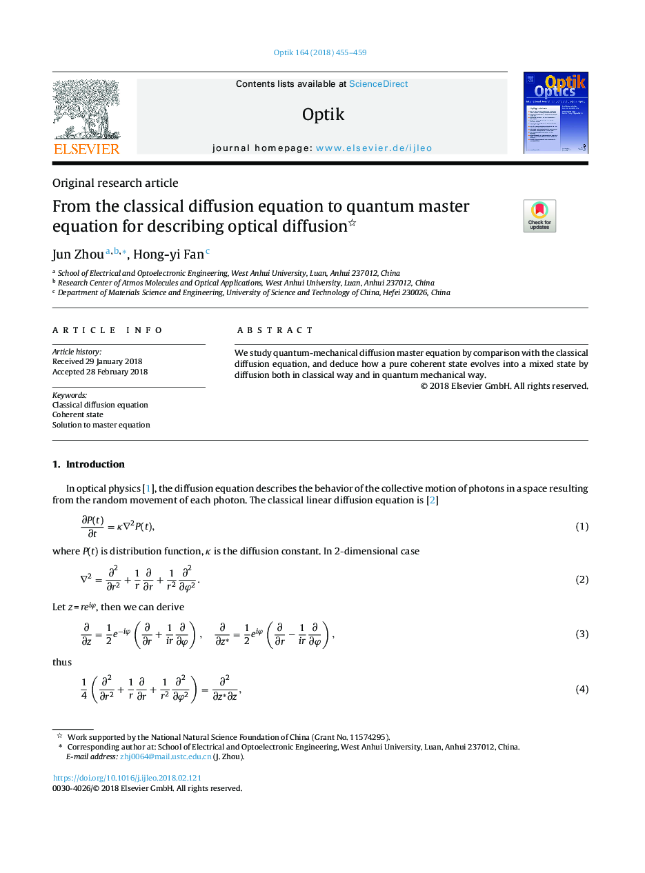 From the classical diffusion equation to quantum master equation for describing optical diffusion