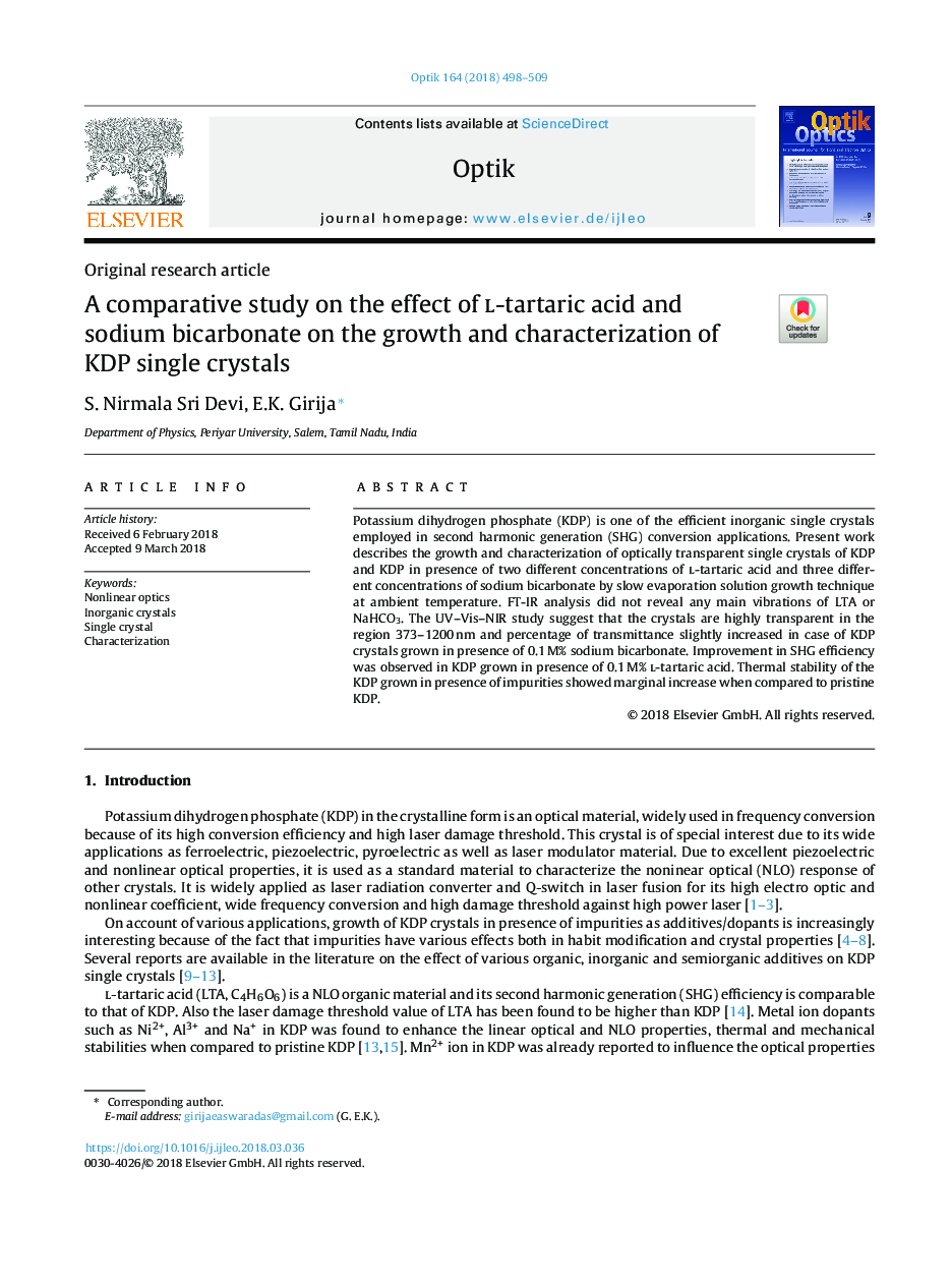 A comparative study on the effect of l-tartaric acid and sodium bicarbonate on the growth and characterization of KDP single crystals