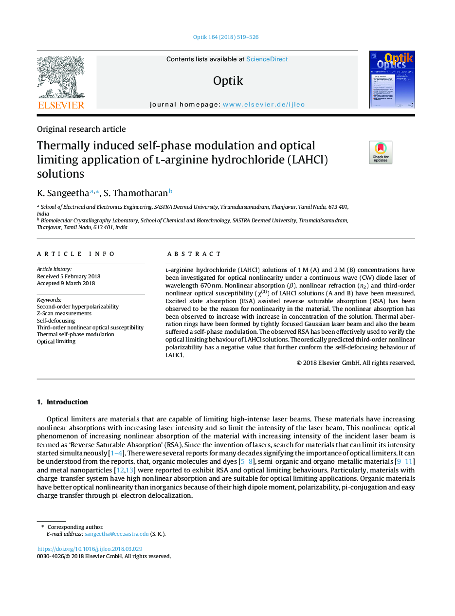 Thermally induced self-phase modulation and optical limiting application of l-arginine hydrochloride (LAHCl) solutions