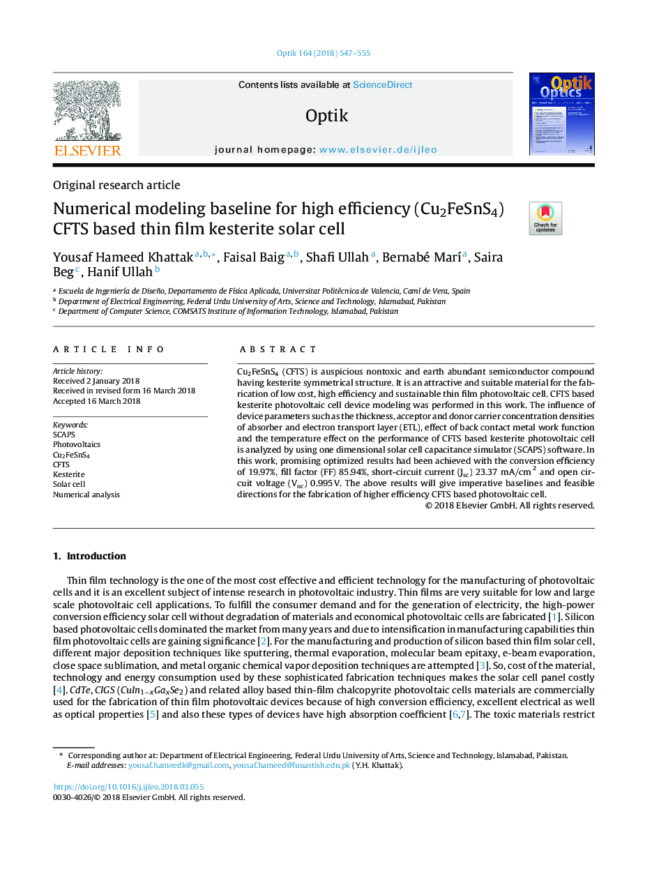 Numerical modeling baseline for high efficiency (Cu2FeSnS4) CFTS based thin film kesterite solar cell