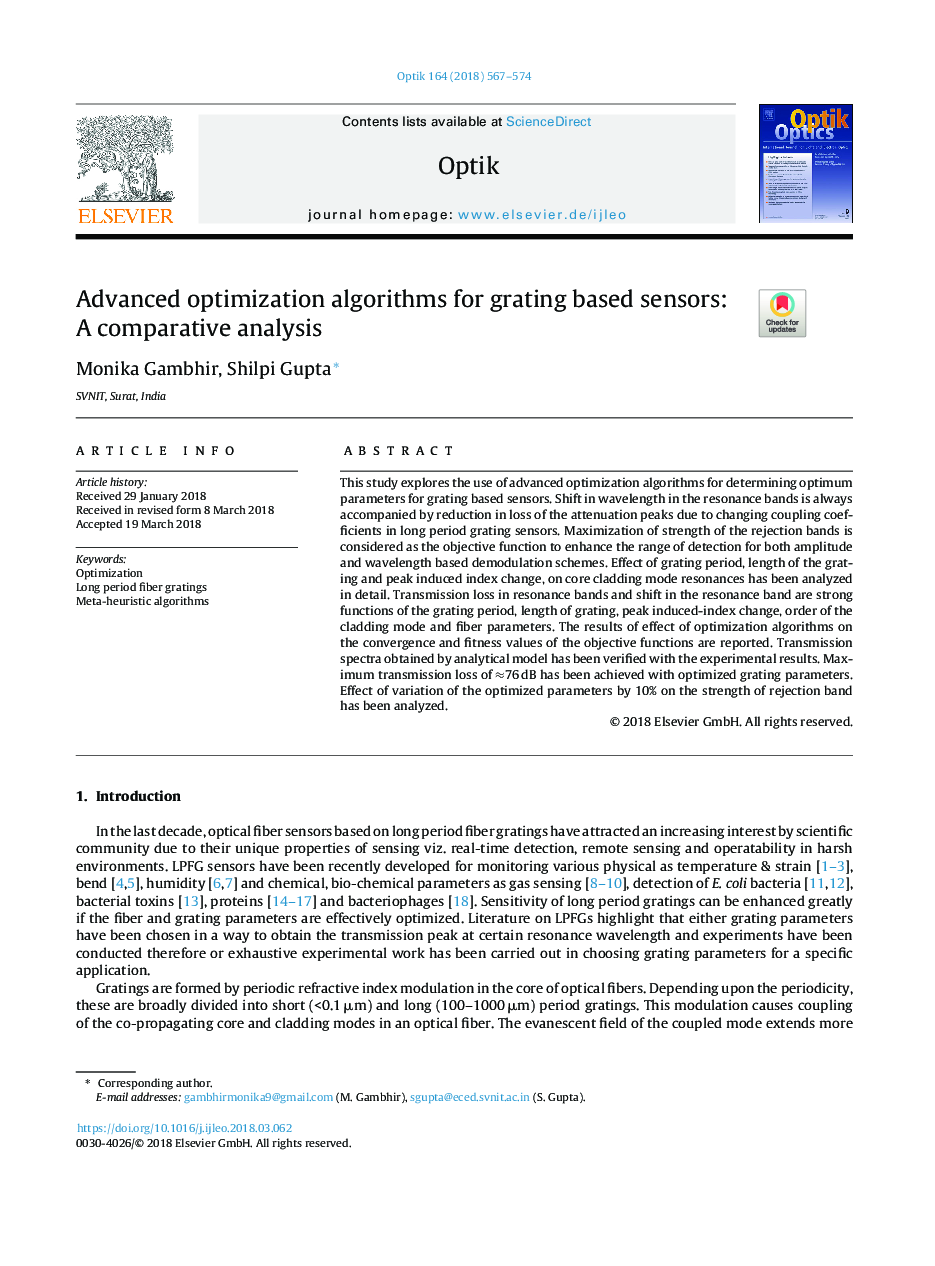 Advanced optimization algorithms for grating based sensors: A comparative analysis