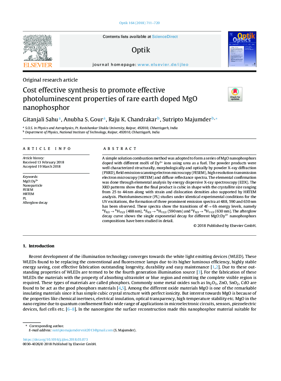 Cost effective synthesis to promote effective photoluminescent properties of rare earth doped MgO nanophosphor