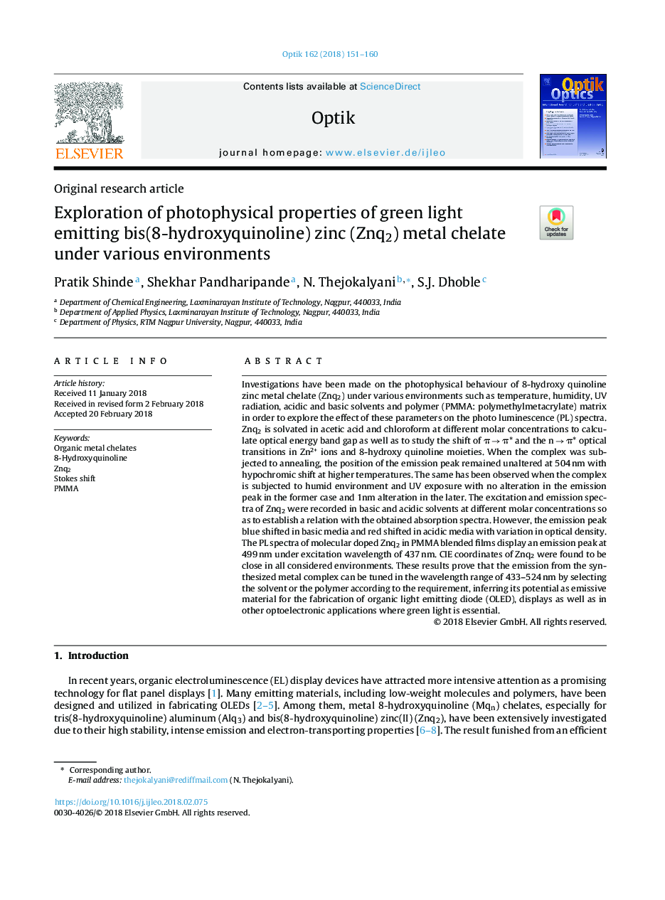 Exploration of photophysical properties of green light emitting bis(8-hydroxyquinoline) zinc (Znq2) metal chelate under various environments