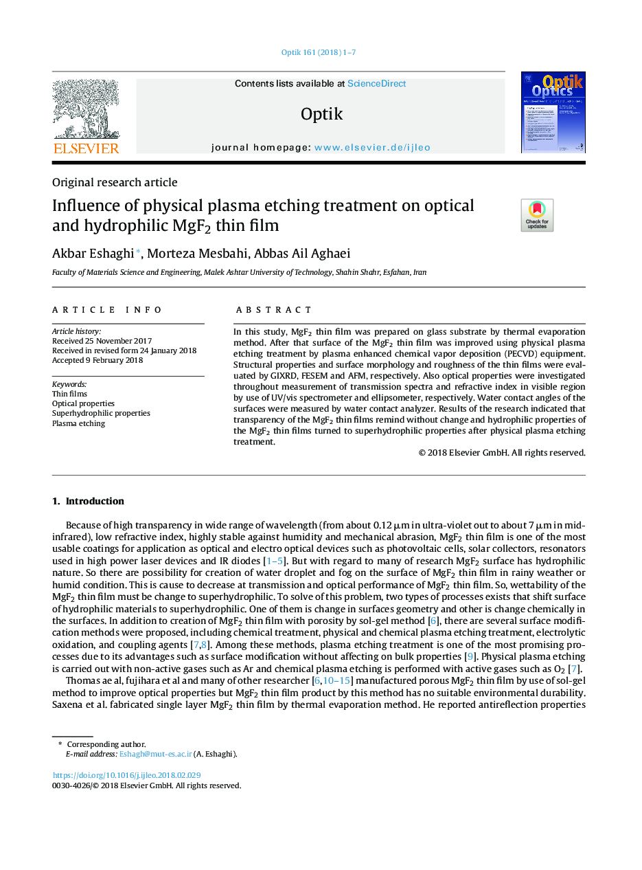 Influence of physical plasma etching treatment on optical and hydrophilic MgF2 thin film