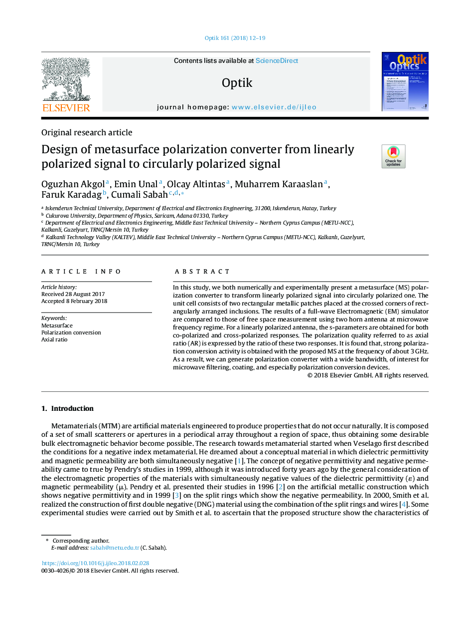 Design of metasurface polarization converter from linearly polarized signal to circularly polarized signal