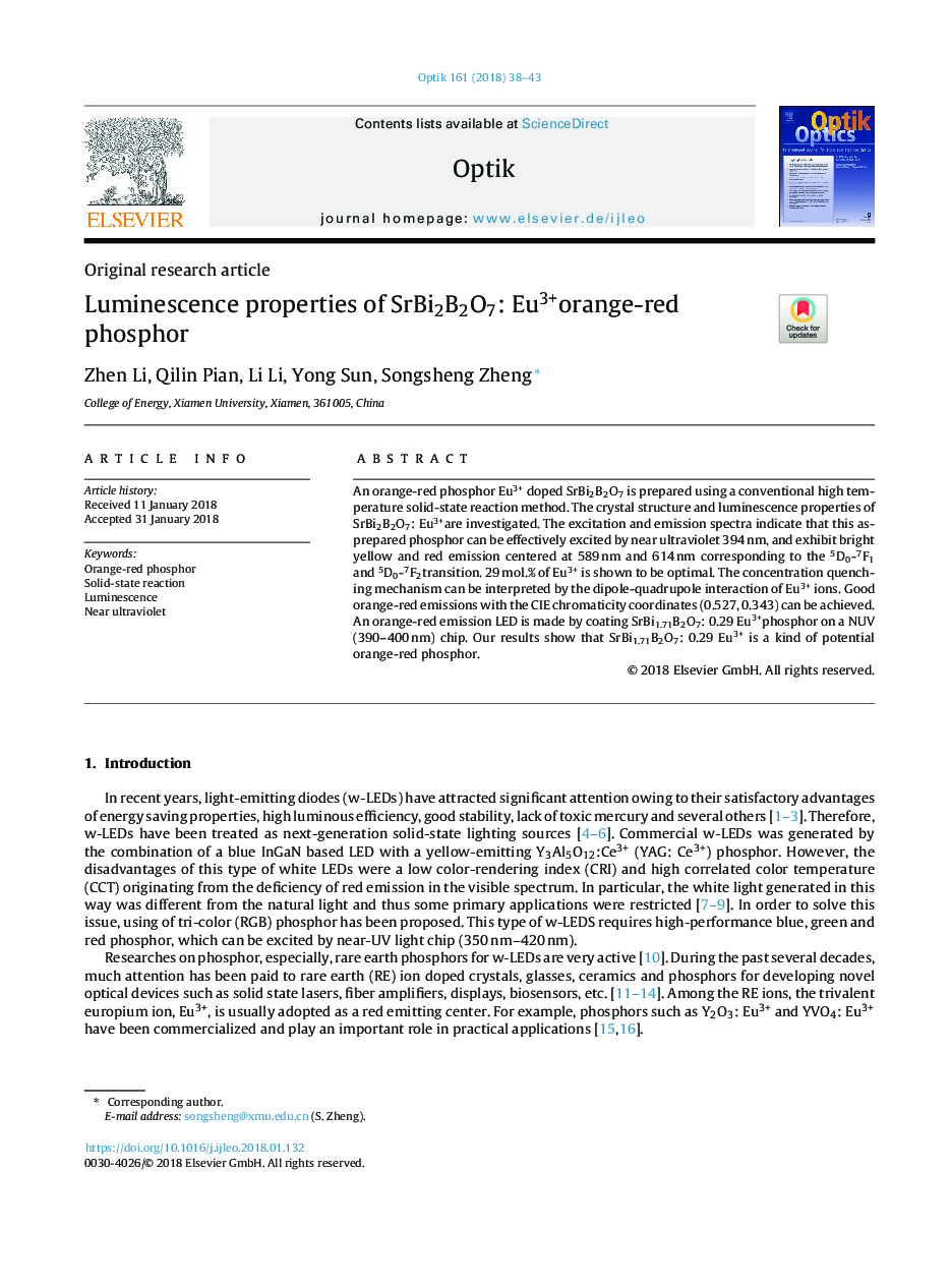 Luminescence properties of SrBi2B2O7: Eu3+orange-red phosphor