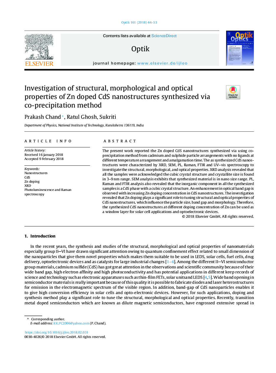 Investigation of structural, morphological and optical properties of Zn doped CdS nanostructures synthesized via co-precipitation method