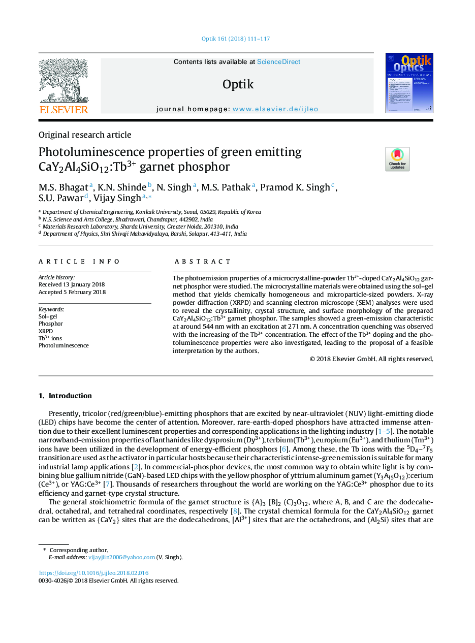 Photoluminescence properties of green emitting CaY2Al4SiO12:Tb3+ garnet phosphor