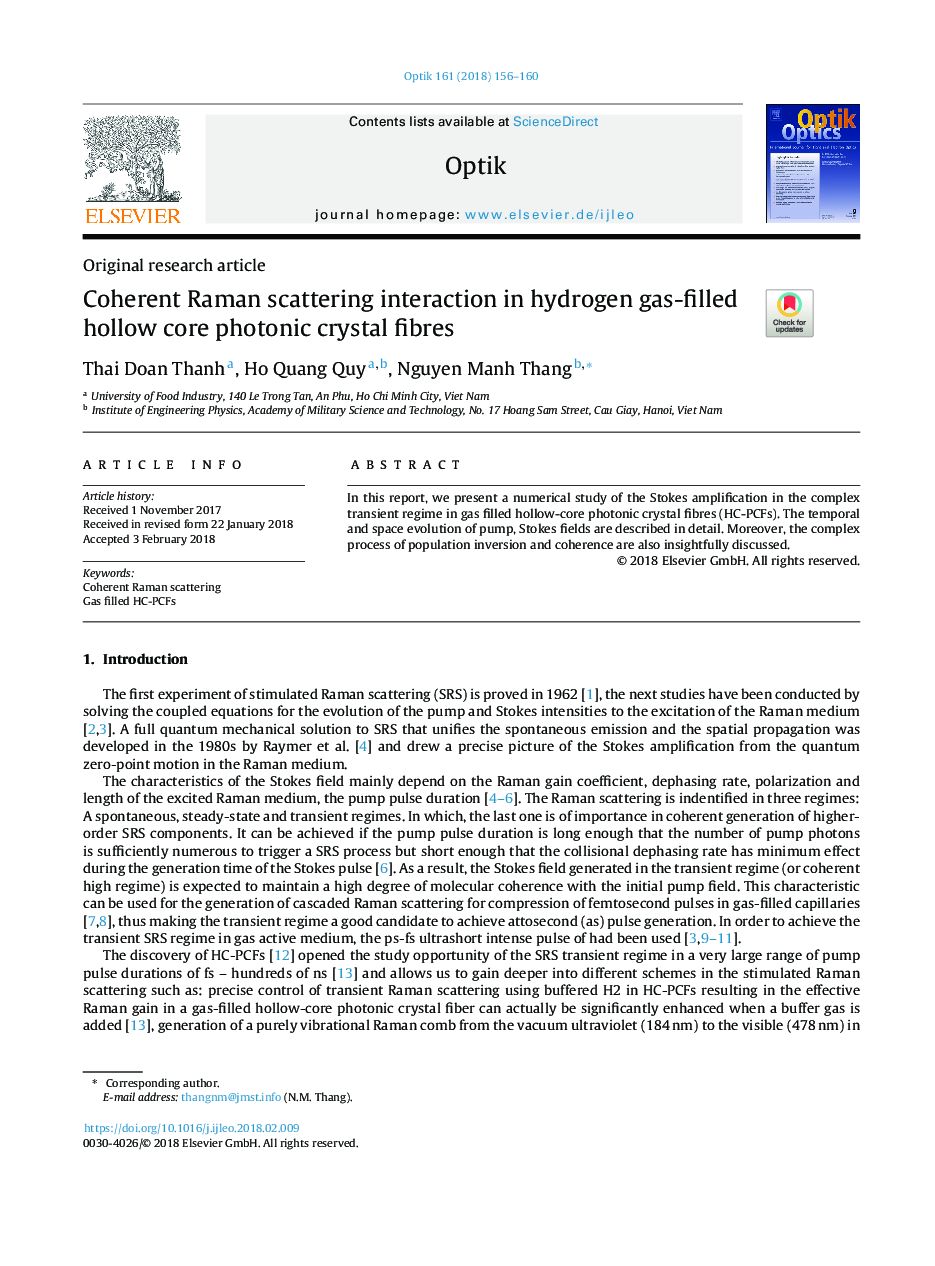 Coherent Raman scattering interaction in hydrogen gas-filled hollow core photonic crystal fibres