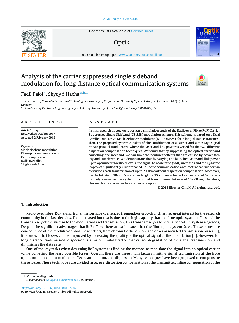 Analysis of the carrier suppressed single sideband modulation for long distance optical communication systems