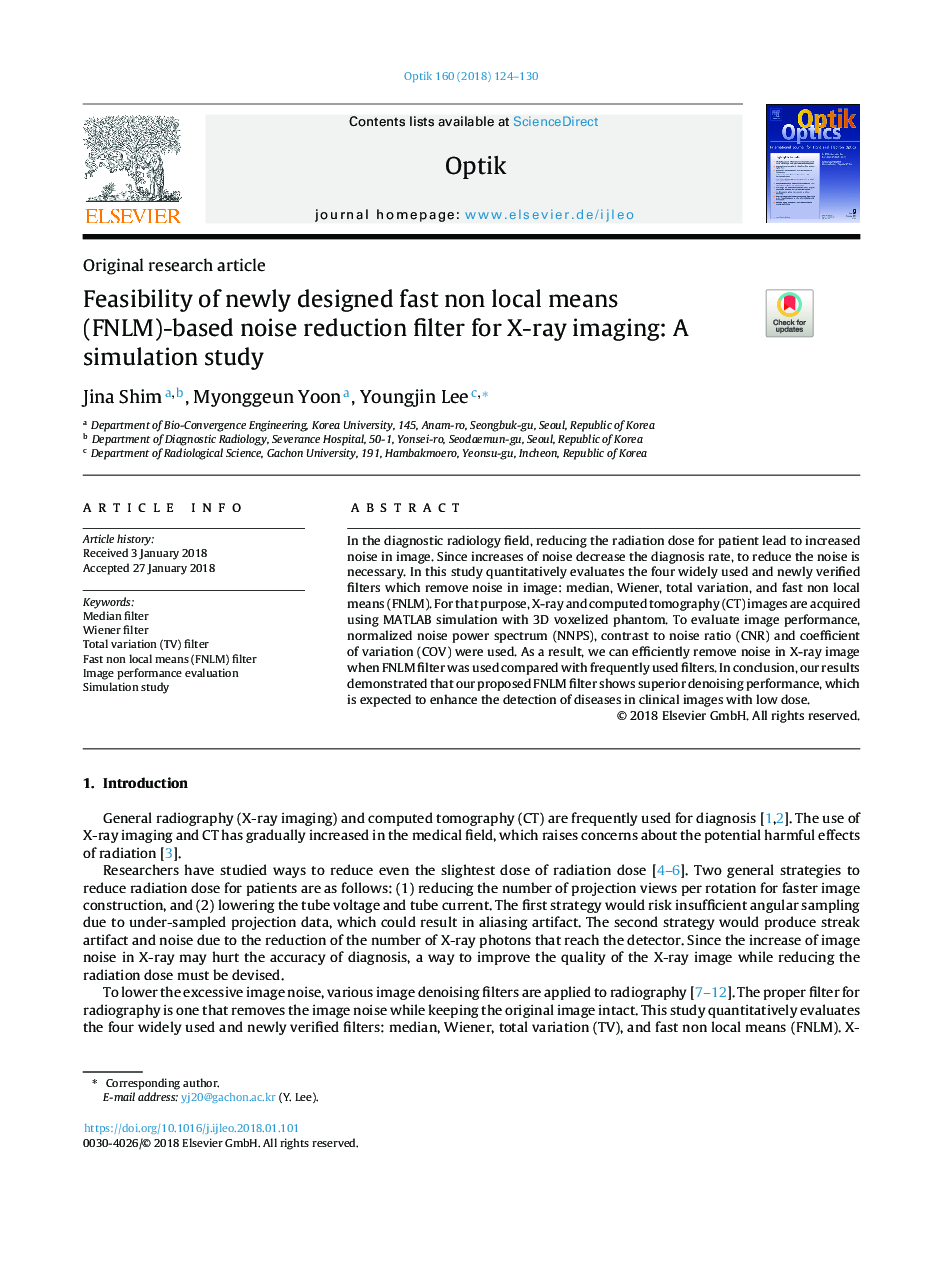 Feasibility of newly designed fast non local means (FNLM)-based noise reduction filter for X-ray imaging: A simulation study