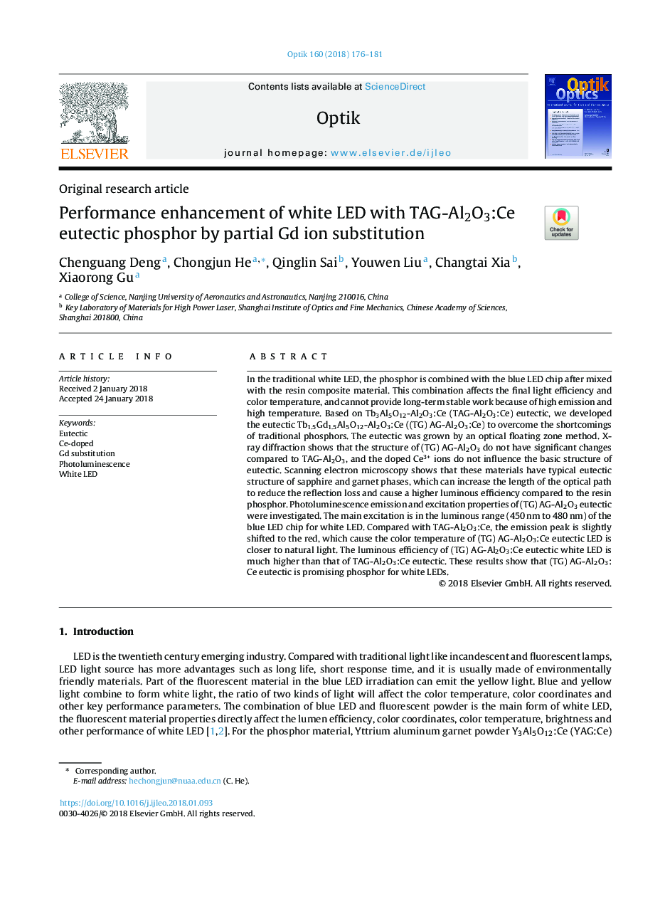 Performance enhancement of white LED with TAG-Al2O3:Ce eutectic phosphor by partial Gd ion substitution