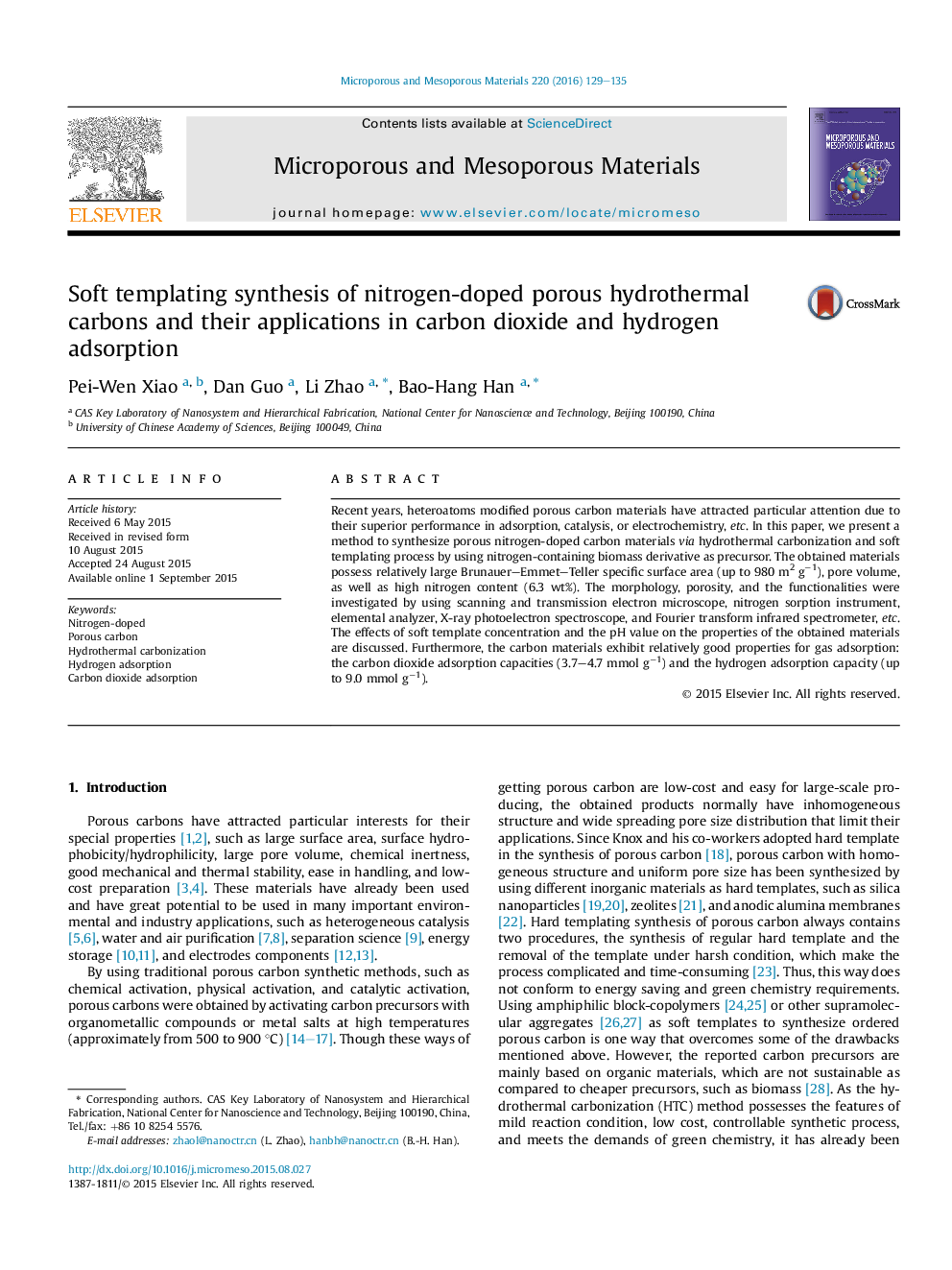 Soft templating synthesis of nitrogen-doped porous hydrothermal carbons and their applications in carbon dioxide and hydrogen adsorption