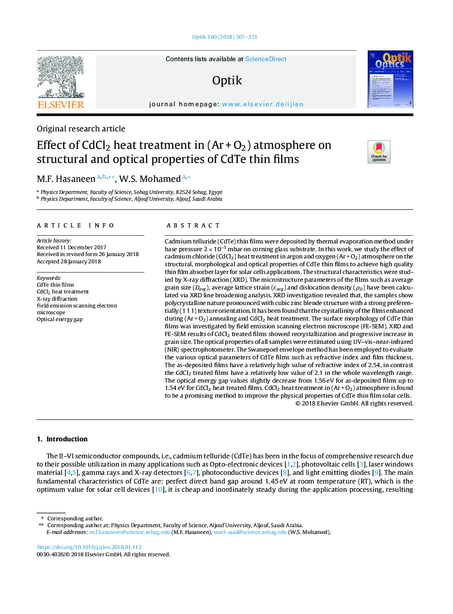 Effect of CdCl2 heat treatment in (Arâ¯+â¯O2) atmosphere on structural and optical properties of CdTe thin films