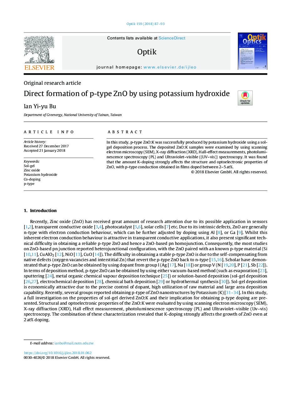 Direct formation of p-type ZnO by using potassium hydroxide