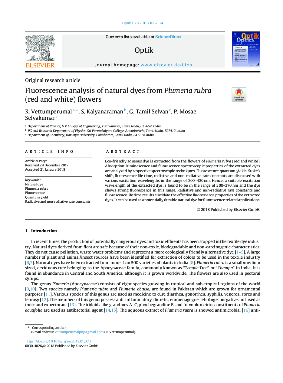 Fluorescence analysis of natural dyes from Plumeria rubra (red and white) flowers