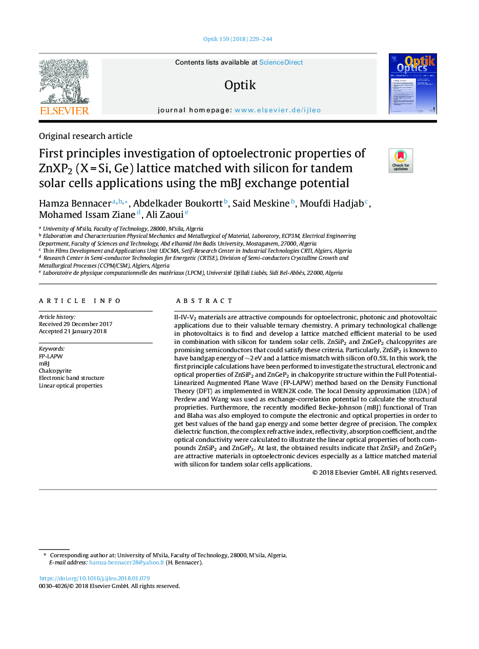 First principles investigation of optoelectronic properties of ZnXP2 (Xâ¯=â¯Si, Ge) lattice matched with silicon for tandem solar cells applications using the mBJ exchange potential