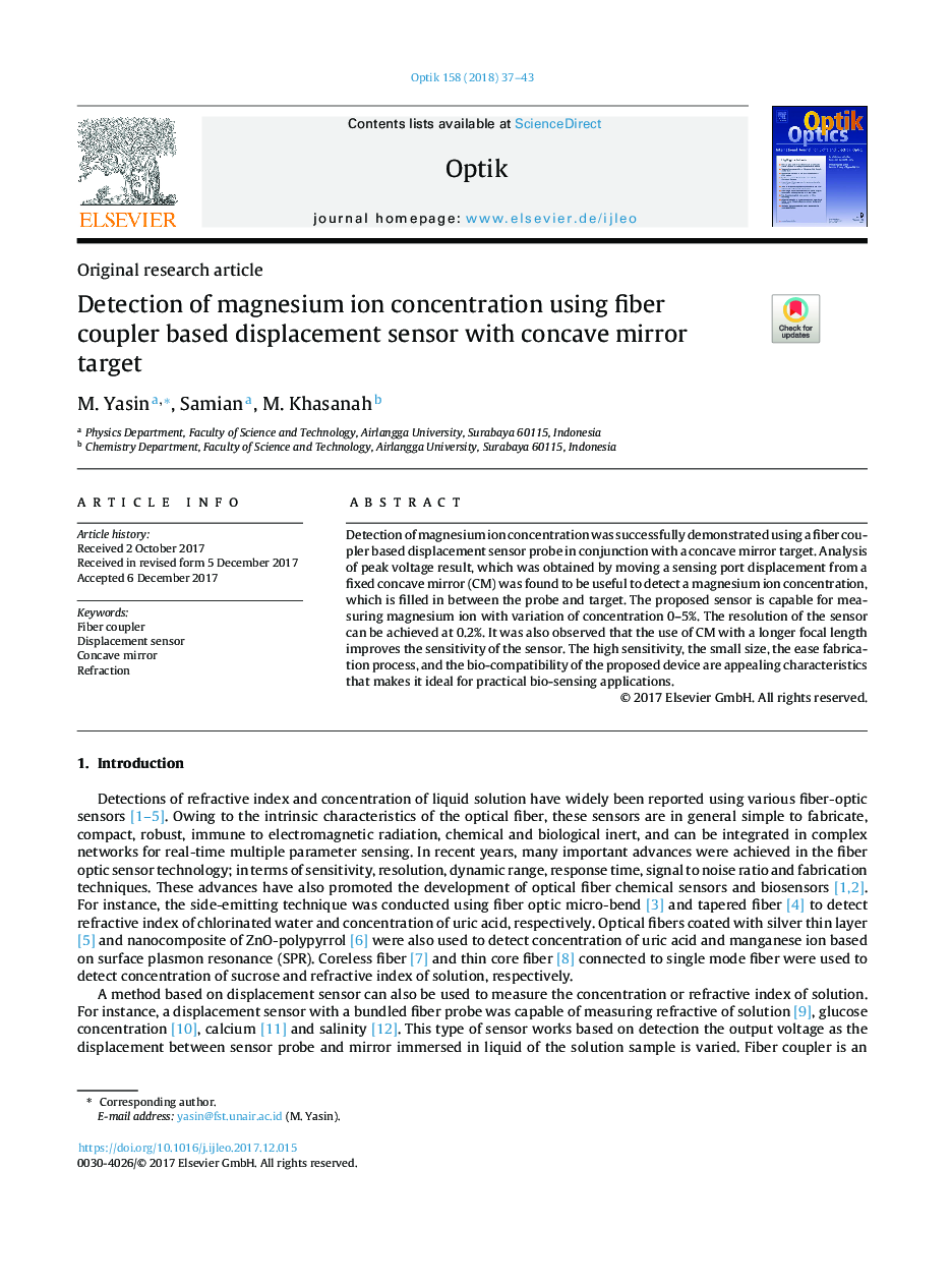 Detection of magnesium ion concentration using fiber coupler based displacement sensor with concave mirror target