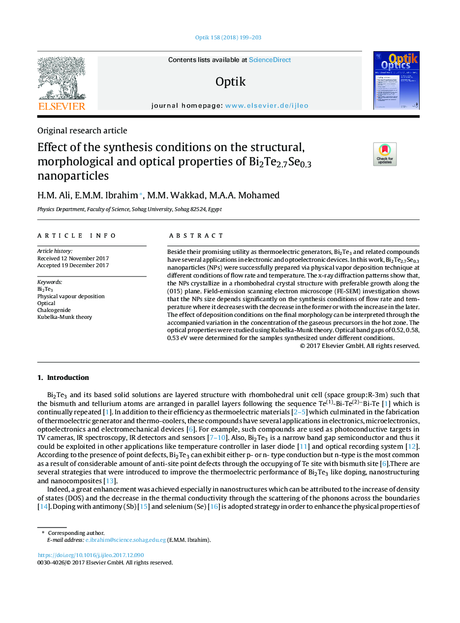Effect of the synthesis conditions on the structural, morphological and optical properties of Bi2Te2.7Se0.3 nanoparticles