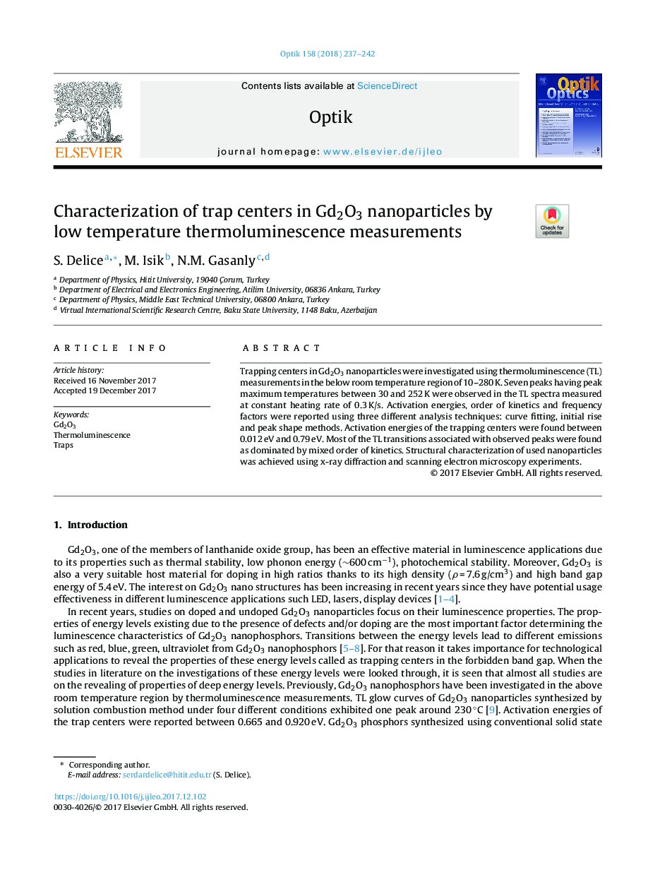 Characterization of trap centers in Gd2O3 nanoparticles by low temperature thermoluminescence measurements