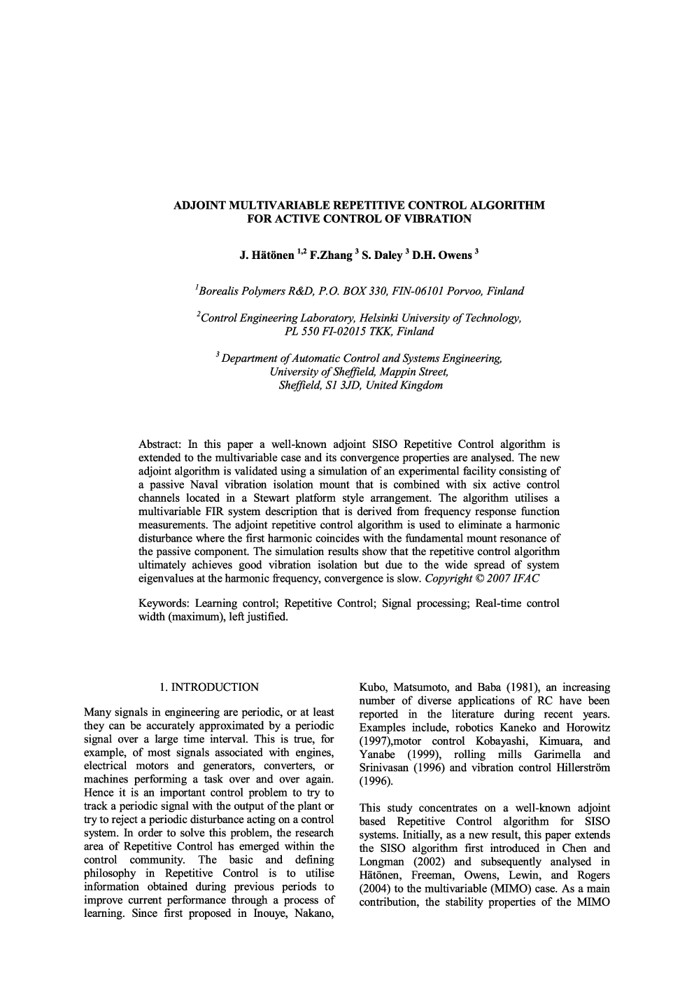 ADJOINT MULTIVARIABLE REPETITIVE CONTROL ALGORITHM FOR ACTIVE CONTROL OF VIBRATION