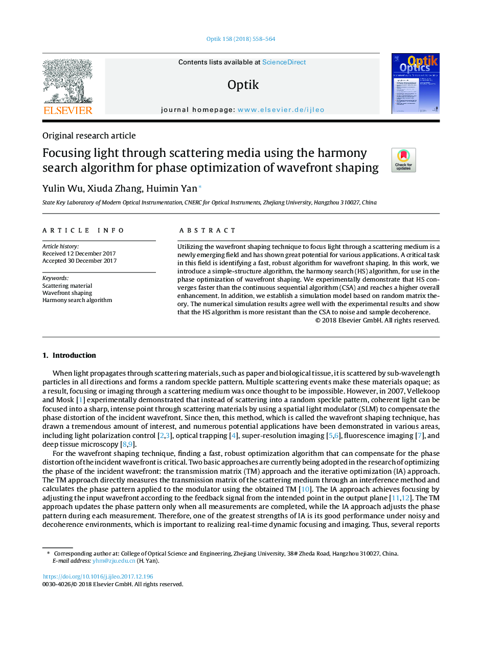 Focusing light through scattering media using the harmony search algorithm for phase optimization of wavefront shaping