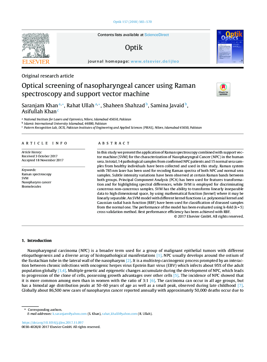 Optical screening of nasopharyngeal cancer using Raman spectroscopy and support vector machine