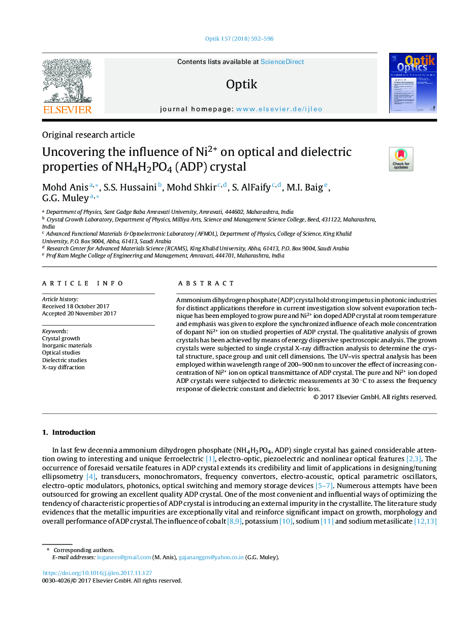 Uncovering the influence of Ni2+ on optical and dielectric properties of NH4H2PO4 (ADP) crystal