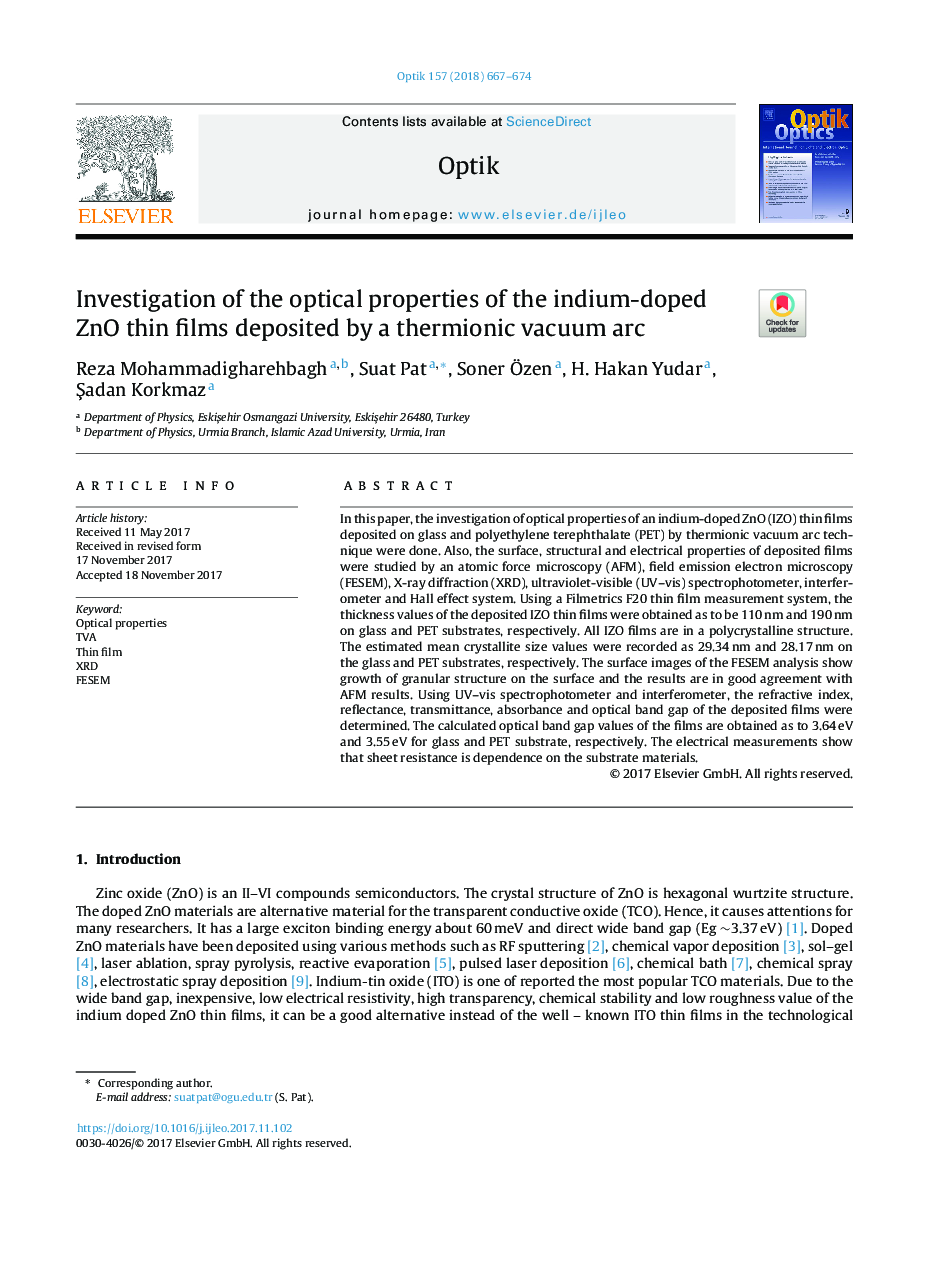 Investigation of the optical properties of the indium-doped ZnO thin films deposited by a thermionic vacuum arc
