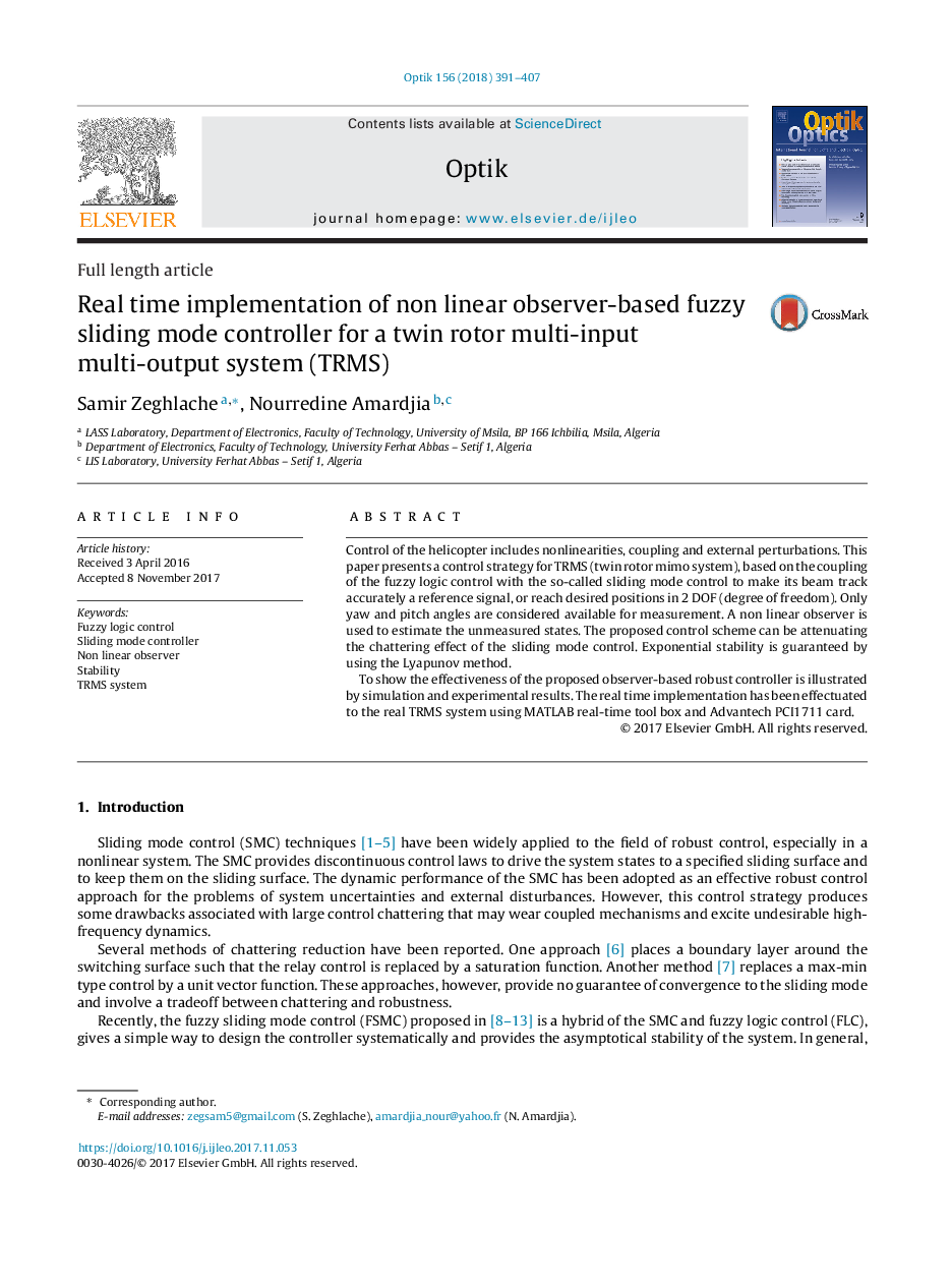 Real time implementation of non linear observer-based fuzzy sliding mode controller for a twin rotor multi-input multi-output system (TRMS)