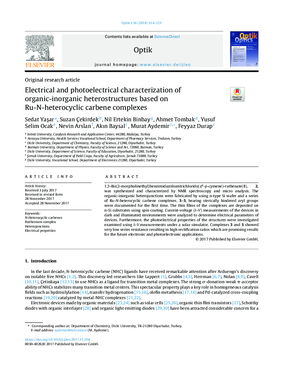 Electrical and photoelectrical characterization of organic-inorganic heterostructures based on Ru-N-heterocyclic carbene complexes