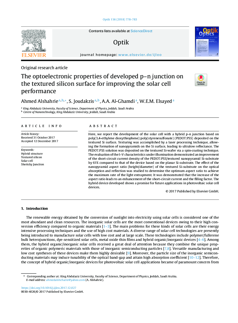 The optoelectronic properties of developed p-n junction on the textured silicon surface for improving the solar cell performance